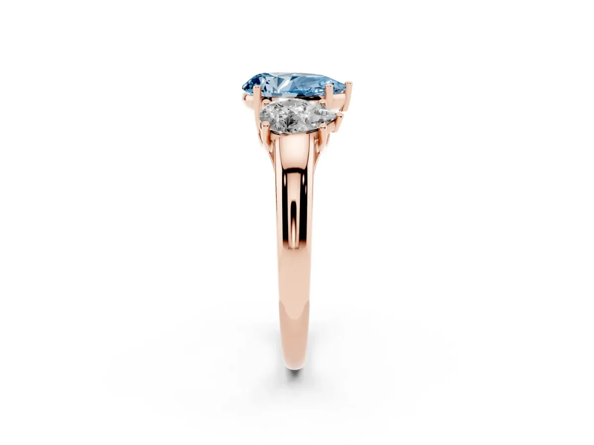 Fancy Blue Three-Stone Pear Cut Diamond Engagement Ring with Prong Setting Rose gold