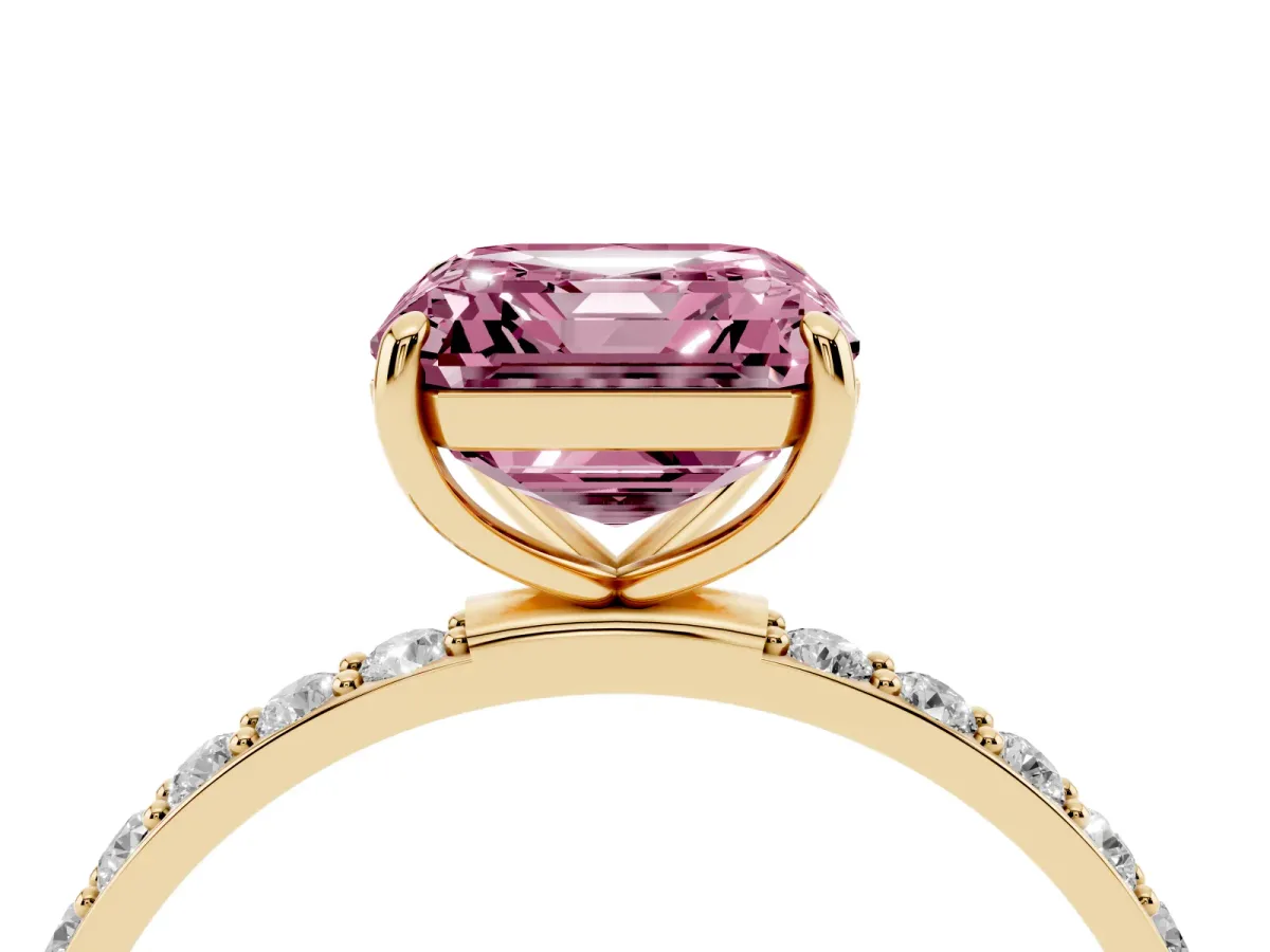 Fancy Pink Asscher Cut Diamond Solitaire Ring with Round Pavé Shoulders and Prong Setting Yellow gold