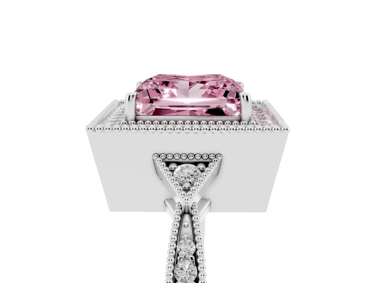 Fancy Pink Princess Cut Halo Round Diamond Milgrain Pave Engagement Ring White gold