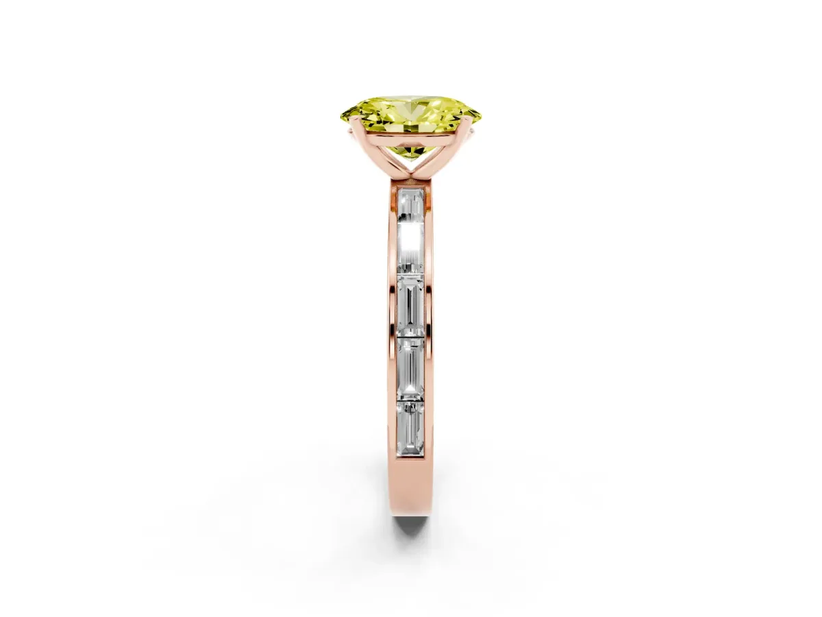 Fancy Yellow Oval Cut Solitaire Diamond Ring with Channel-Set Baguette Band and Four-Prong Setting Rose gold