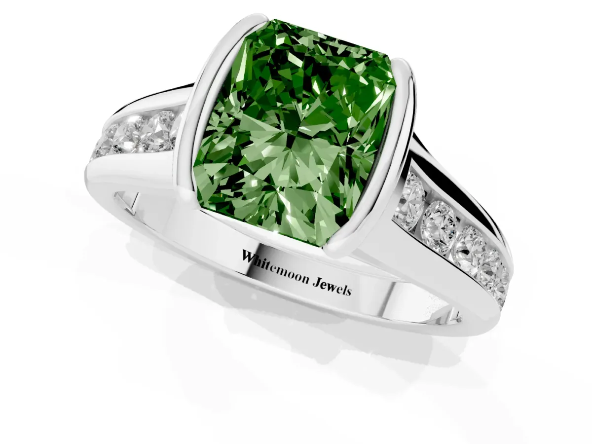 Fancy Green Radiant Cut Solitaire Bezel-Set Diamond Ring with Channel-Set Band Silver