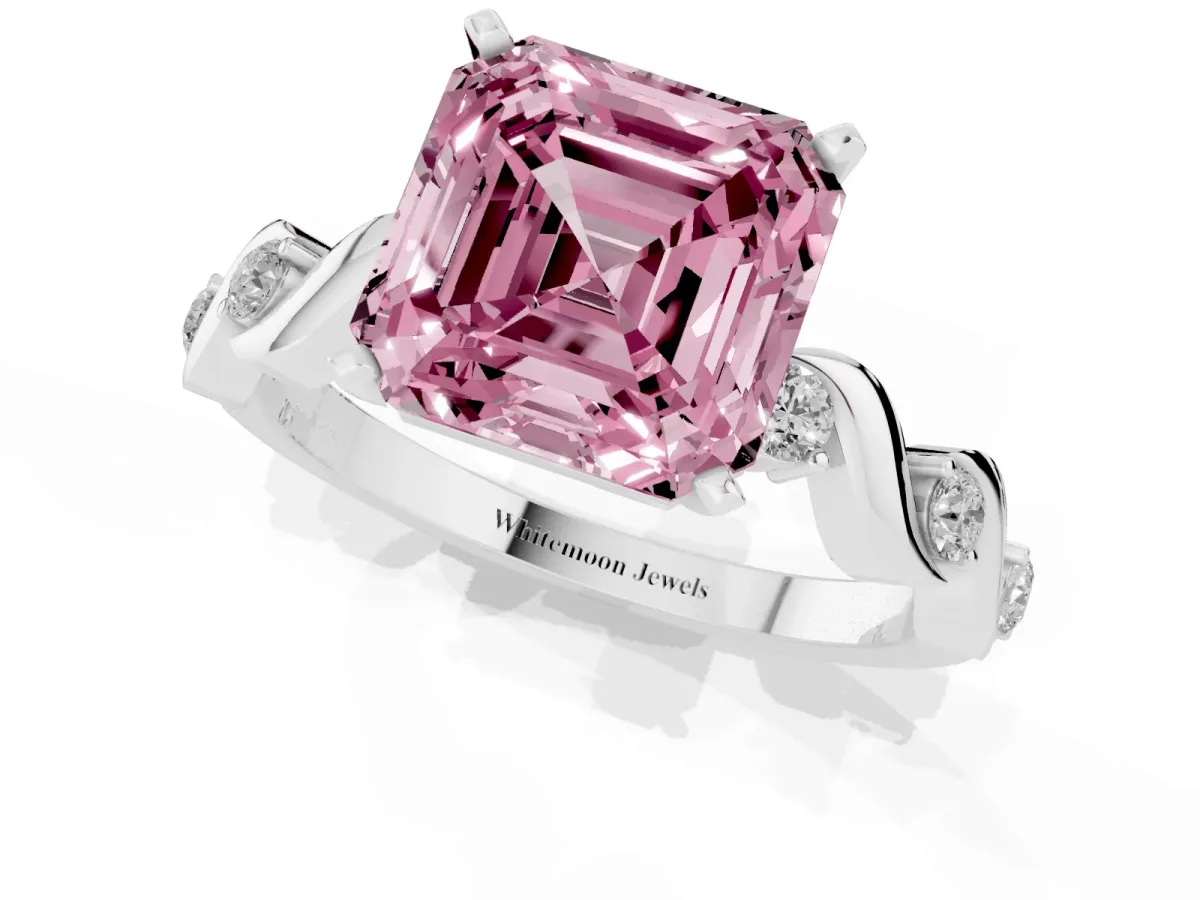 Fancy Pink Asscher Cut Diamond Solitaire Twisted Band with Round Accents and Prong Setting Silver
