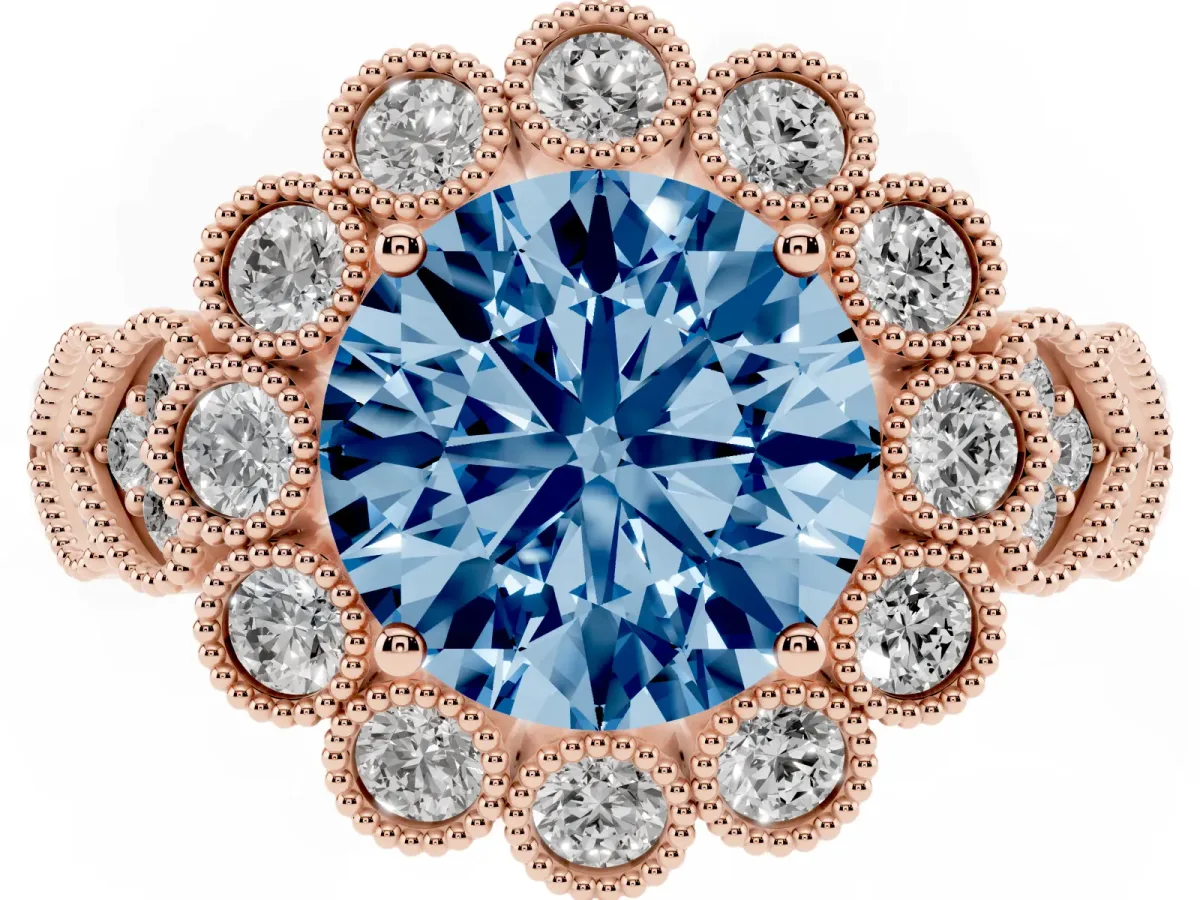 Fancy Blue Round Cut Brilliant Milgrain Pave Heart Band Solitaire Ring Rose gold