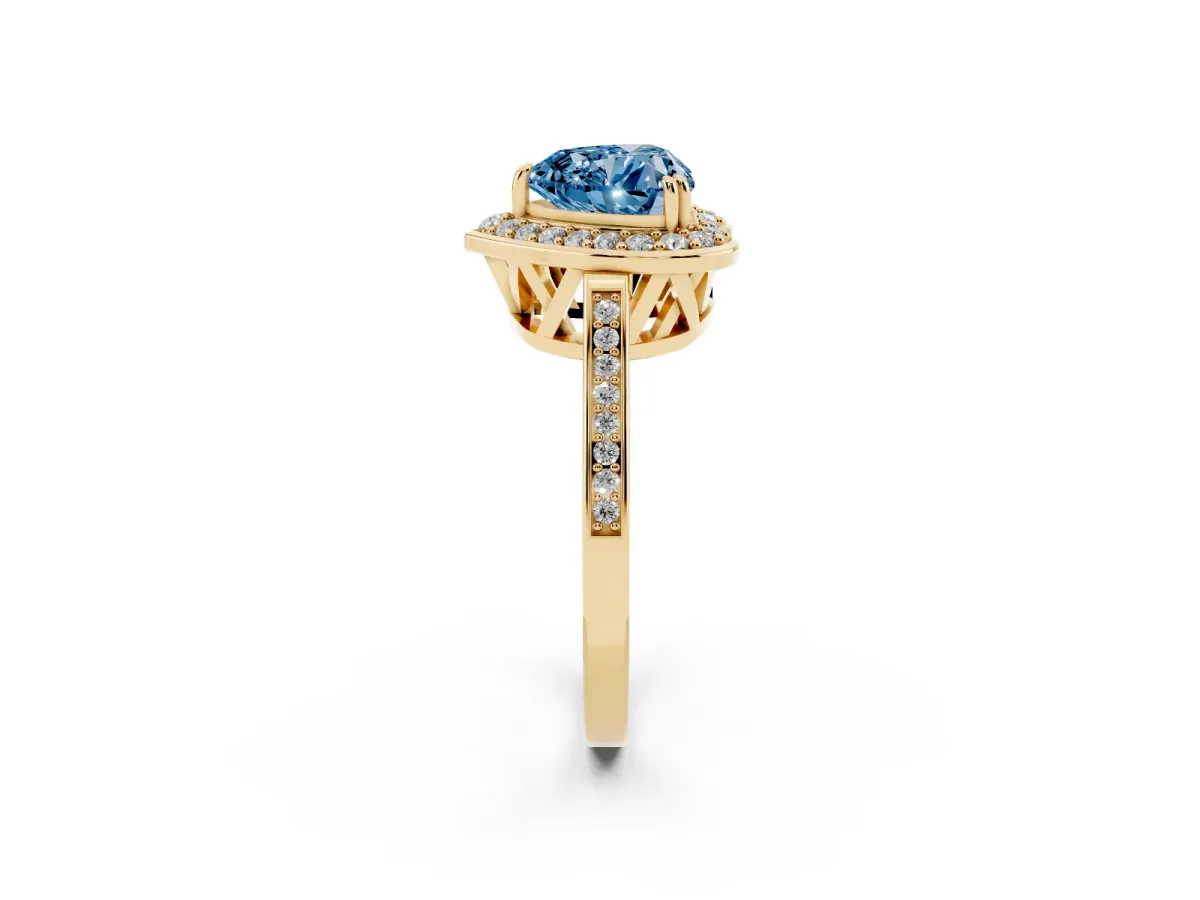Fancy Blue Heart Cut Diamond Halo Ring with Split Shank and Four-Prong Setting Yellow gold