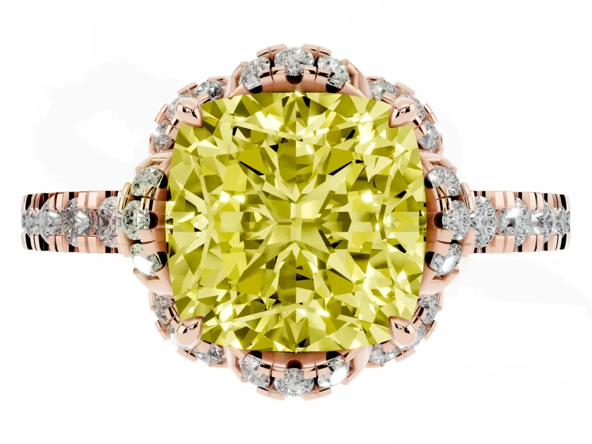 Fancy Yellow Cushion Cut Diamond Halo Pave Band with Four-Prong Setting Rose gold