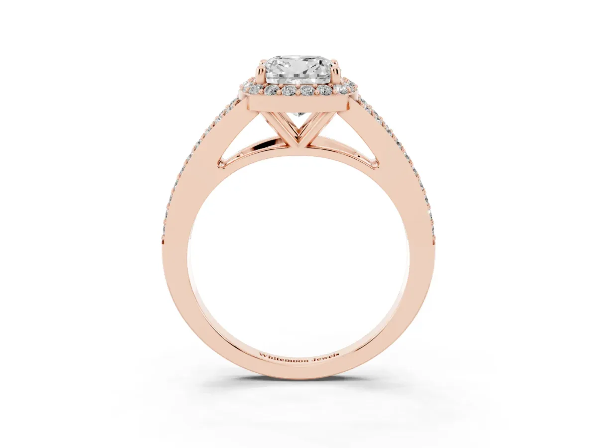 Cushion Cut Halo Split Shank Diamond Ring with Prong Setting Rose gold