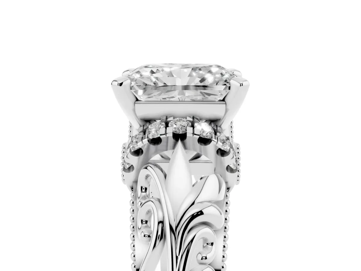 Radiant Cut Solitaire Filigree Engagement Ring with Halo and Prong Setting Silver