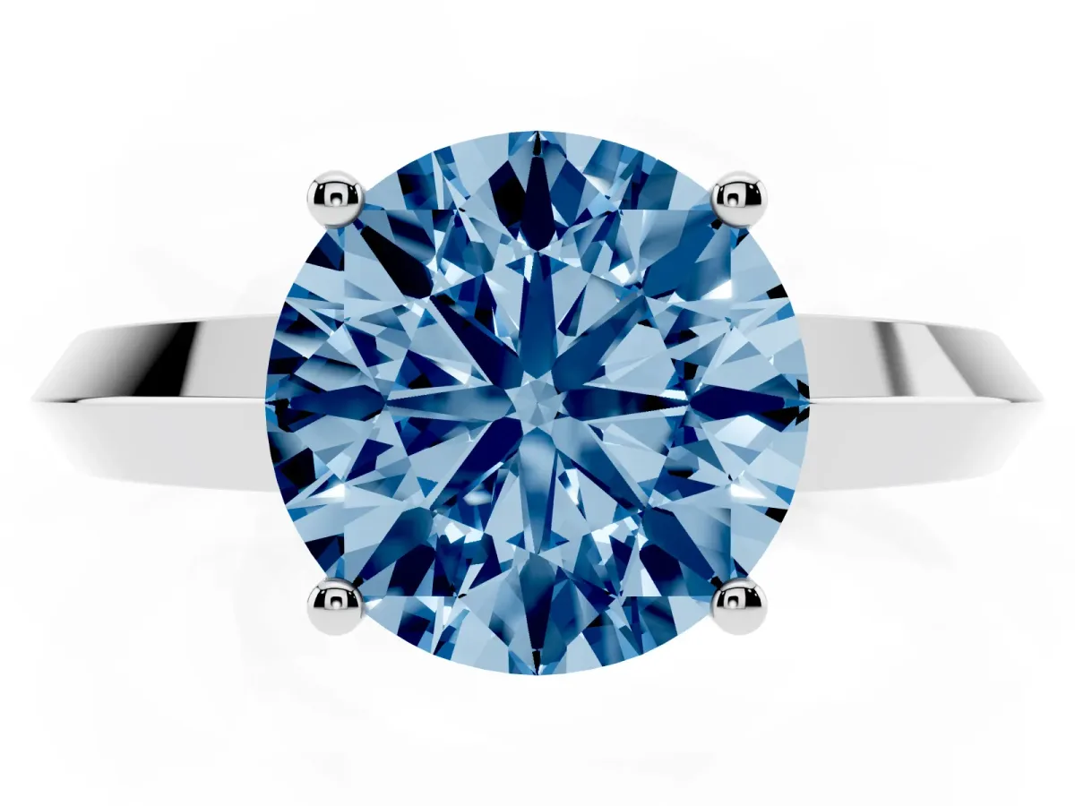 Fancy Blue Round Cut Cut Solitaire Engagement Ring with Flat Band and Four-Prong Setting Silver