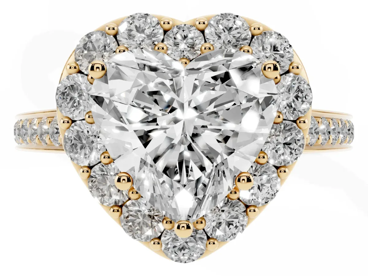 Heart Cut Diamond Floral Halo Ring with Pavé Band and Prong Setting Yellow gold