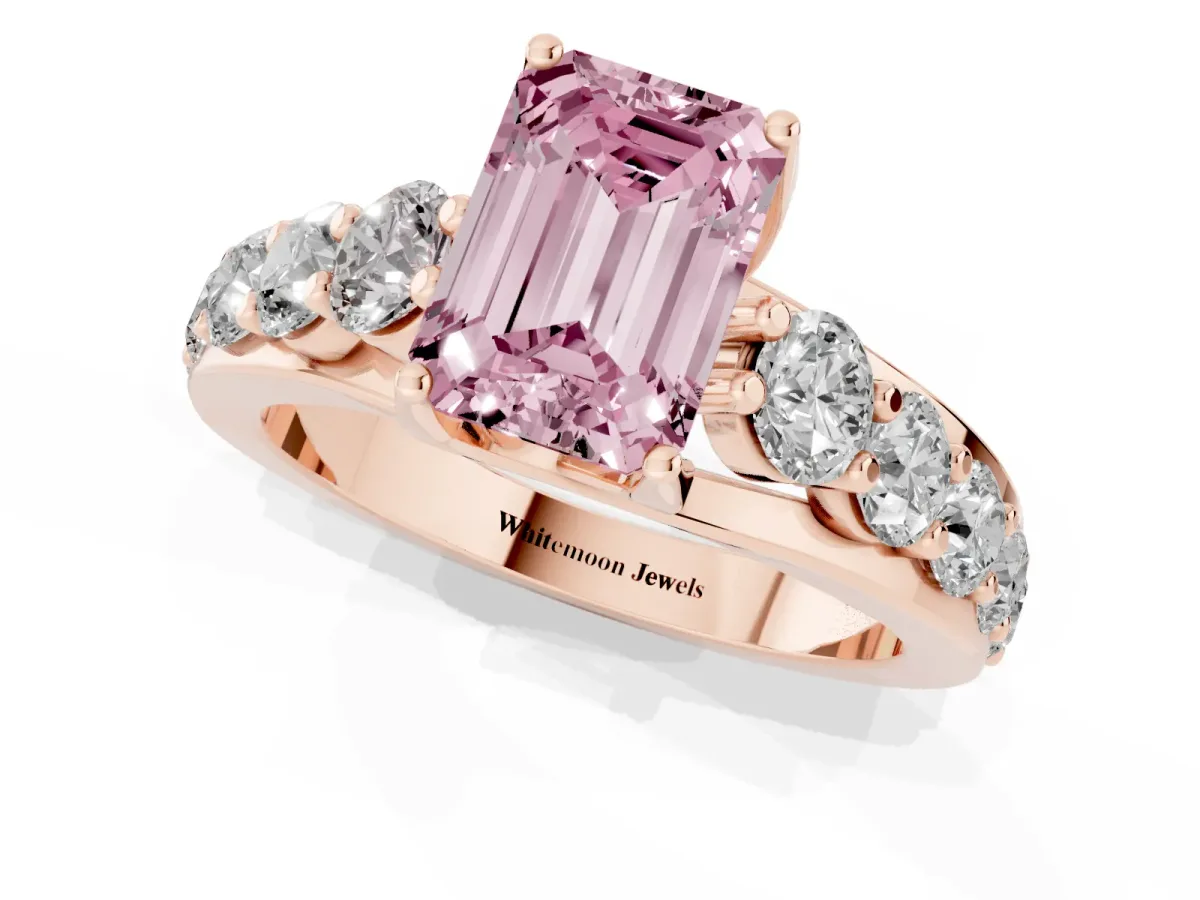 Fancy Pink Emerald Cut Diamond Engagement Ring with Pavé Band and Four-Prong Setting Rose gold