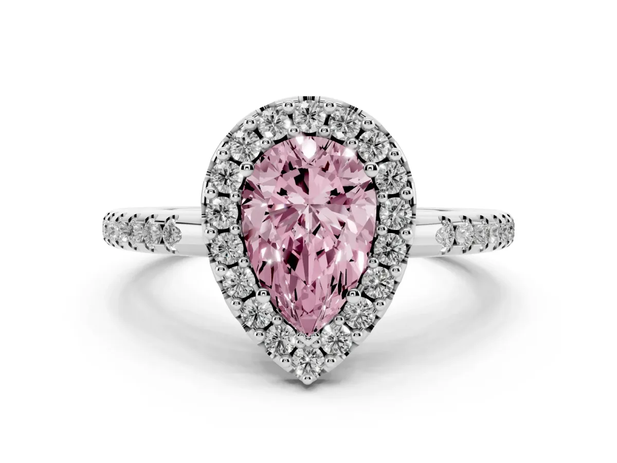Fancy Pink Pear Cut Diamond Pavé Halo Ring with Four-Prong Setting Platinum