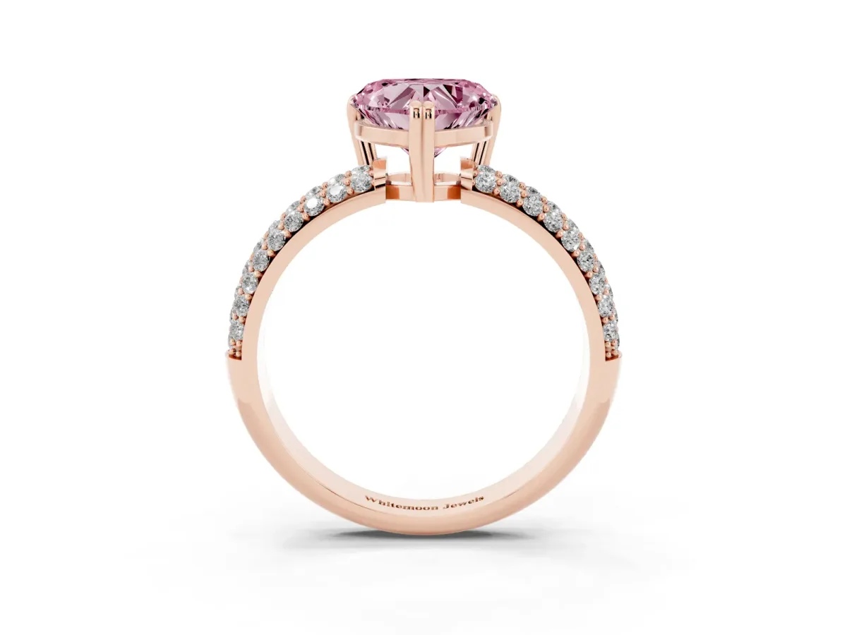 Fancy Pink Heart Cut Diamond Solitaire Ring with Multi-Row Round Pavé Band and Prong Setting Rose gold