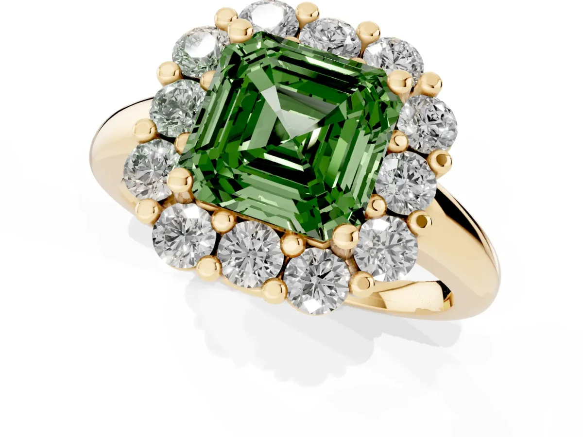 Fancy Green Asscher Cut Halo Cluster Diamond Engagement Ring with Prong Setting and Polished Band Yellow gold