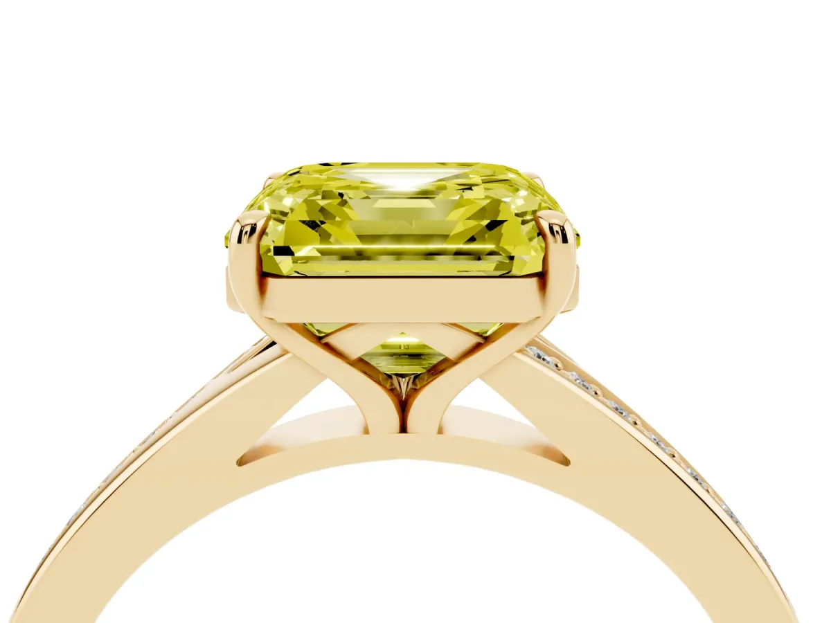Fancy Yellow Asscher Cut Diamond Solitaire Ring with Pavé Band and Prong Setting Yellow gold