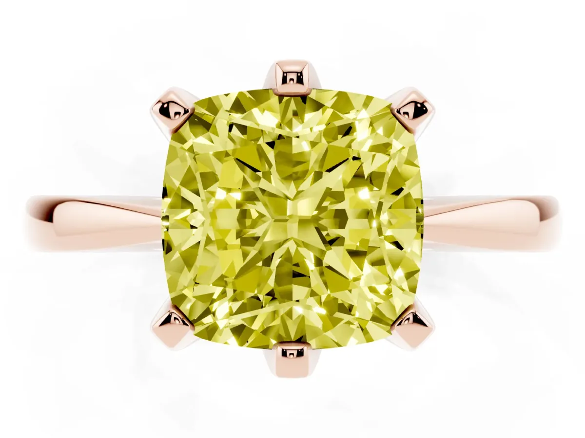 Fancy Yellow Cushion Cut Solitaire Engagement Ring with Six-Prong Setting and Tapered Band Rose gold