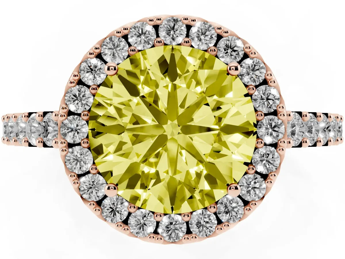 Fancy Yellow Round Cut Halo Diamond Pavé Solitaire Ring Rose gold