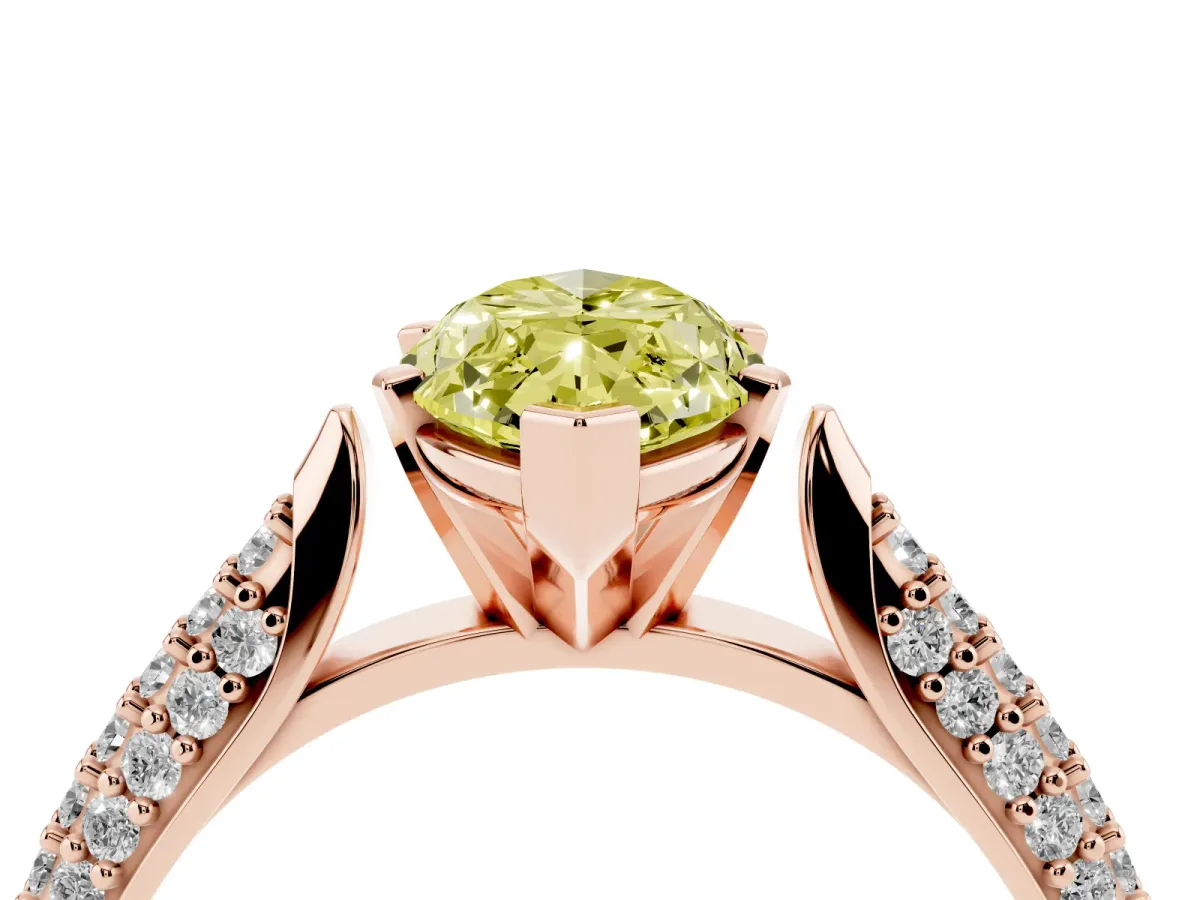 Fancy Yellow Marquise Cut Diamond Solitaire Engagement Ring with Multi-Row Round Pavé Band and Prong Setting Rose gold