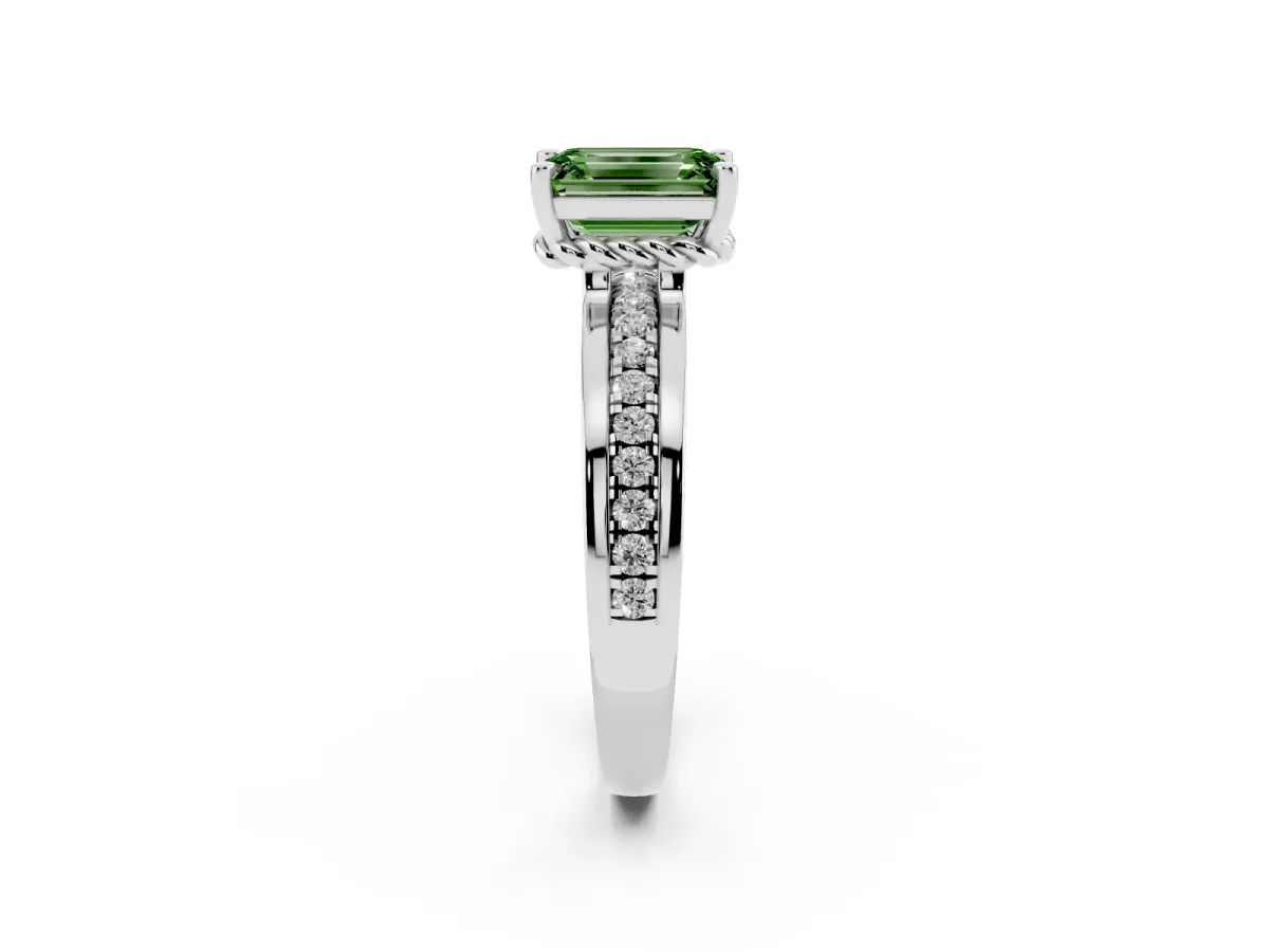 Fancy Green Emerald Cut Solitaire Diamond Ring with Channel Set Band and Six-Prong Setting Silver