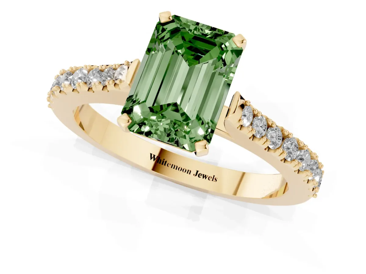 Fancy Green Emerald Cut Cut Solitaire Diamond Engagement Ring with Pave Band and Four-Prong Setting Yellow gold