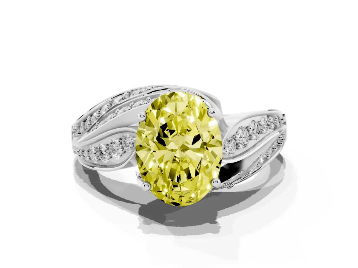 Fancy Yellow Oval Cut Diamond Solitaire Ring with Prong Setting and Twisted Pavé Band Silver
