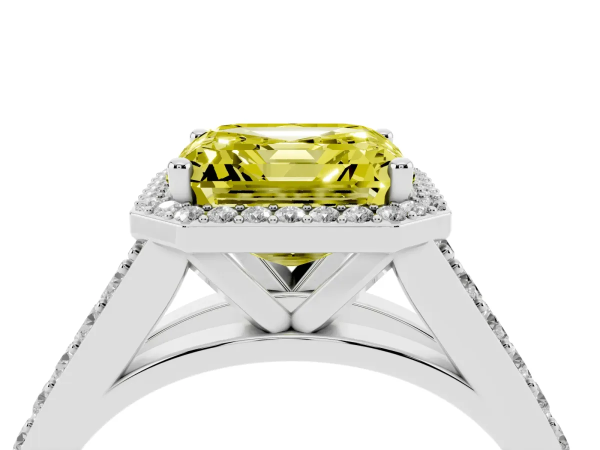 Fancy Yellow Asscher Cut Diamond Split Shank Halo Ring with Four-Prong Setting White gold