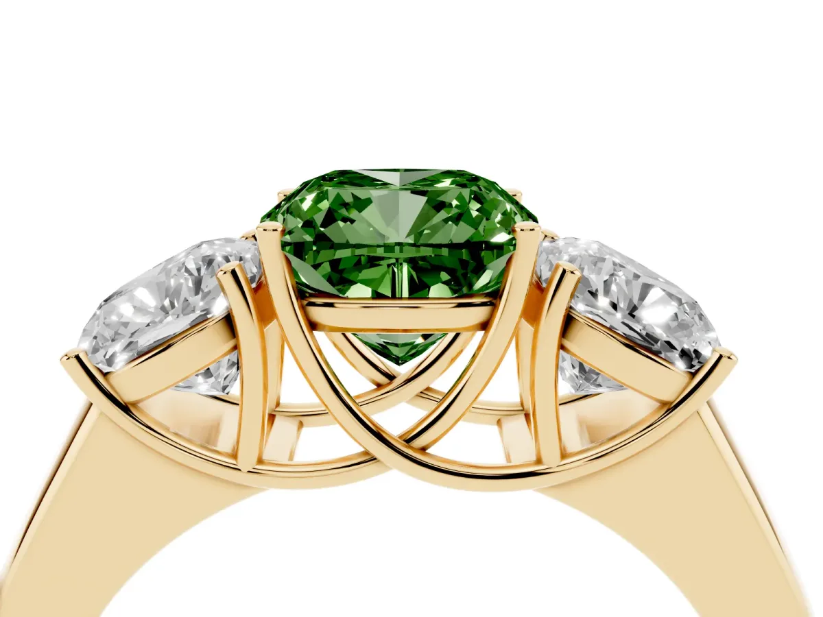 Fancy Green Three-Stone Cushion Cut Cut Diamond Ring with Prong Setting and Classic Band Yellow gold