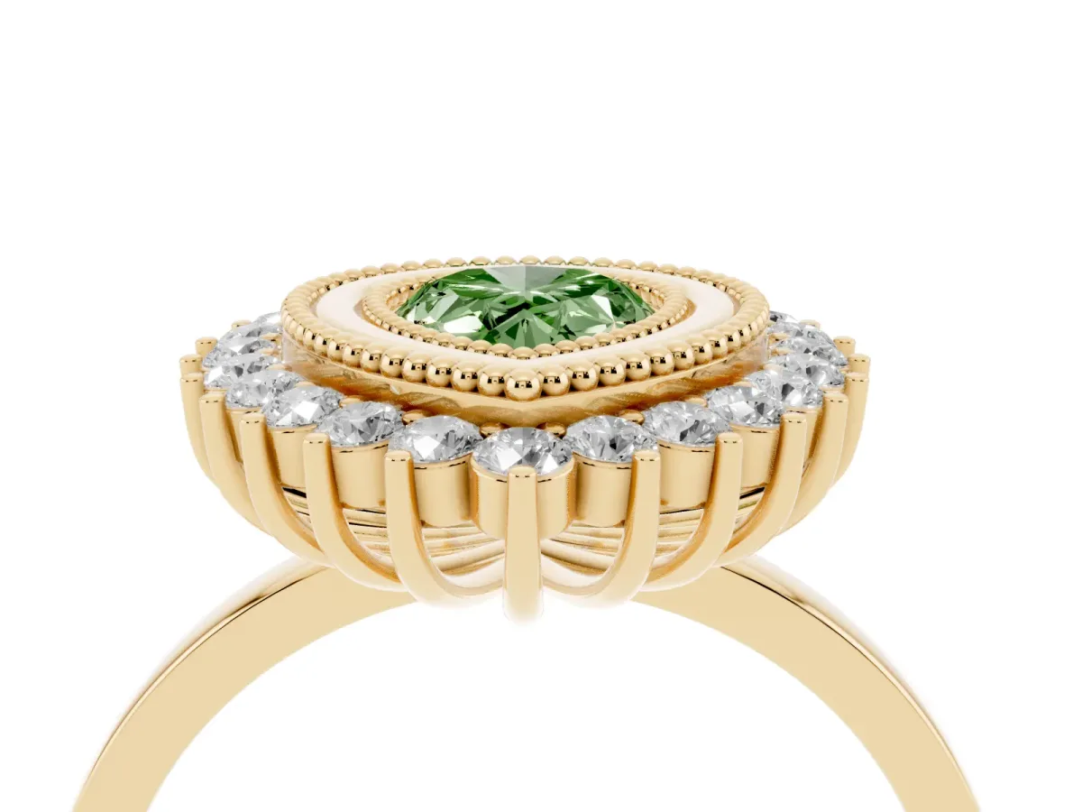 Fancy Green Pear Cut Halo Diamond Ring with Milgrain Edge and Round Prong Setting Yellow gold