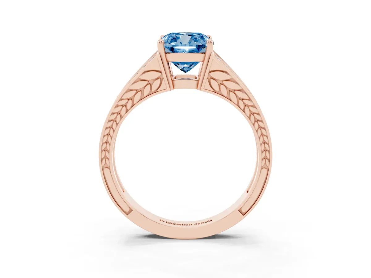 Fancy Blue Cushion Cut Diamond Split Shank Ring with Pavé Band and Four-Prong Setting Rose gold