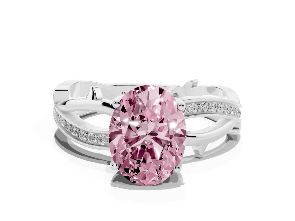 Fancy Pink Oval Cut Solitaire Twist Band with Pavé Accents and Four-Prong Setting Silver