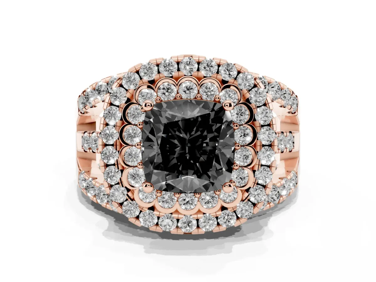 Fancy Black Cushion Cut Diamond Double Halo Ring with Round Pavé Split Shank and Prong Setting Rose gold