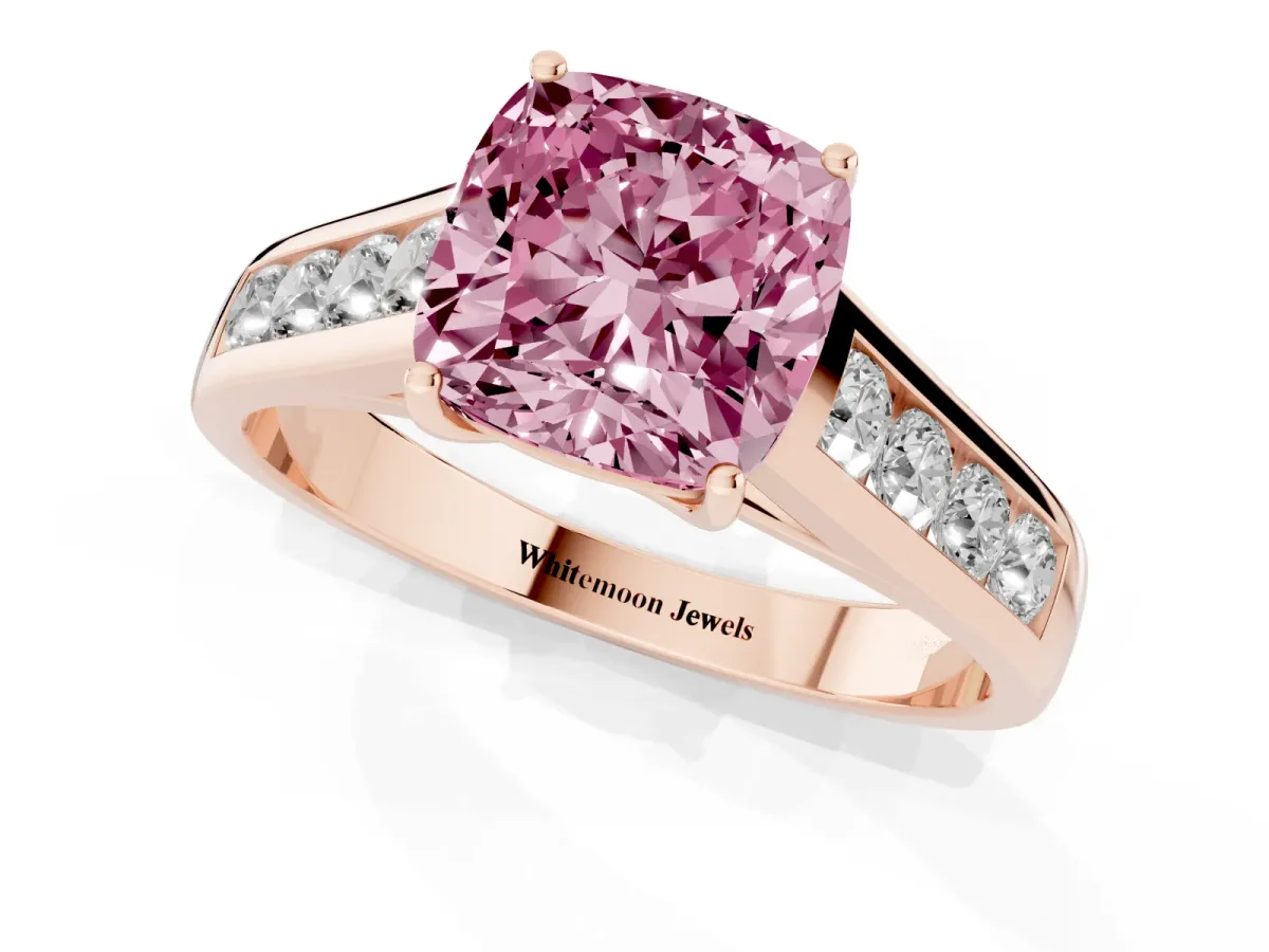 Fancy Pink Cushion Cut Solitaire Channel-Set Diamond Engagement Ring with Four-Prong Setting Rose gold