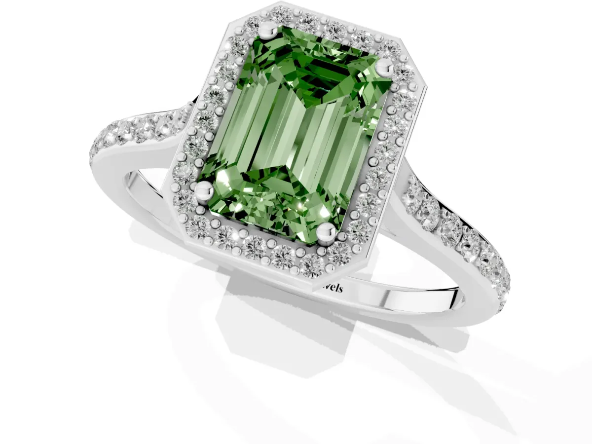 Fancy Green Emerald Cut Diamond Halo Engagement Ring with Round Pavé Shoulders and Prong Setting Silver