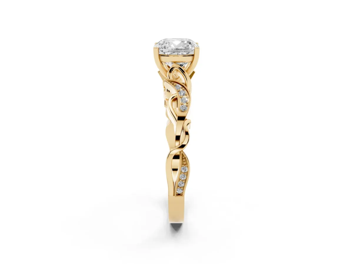 Cushion Cut Solitaire Vine Band with Milgrain Prong Setting Yellow gold