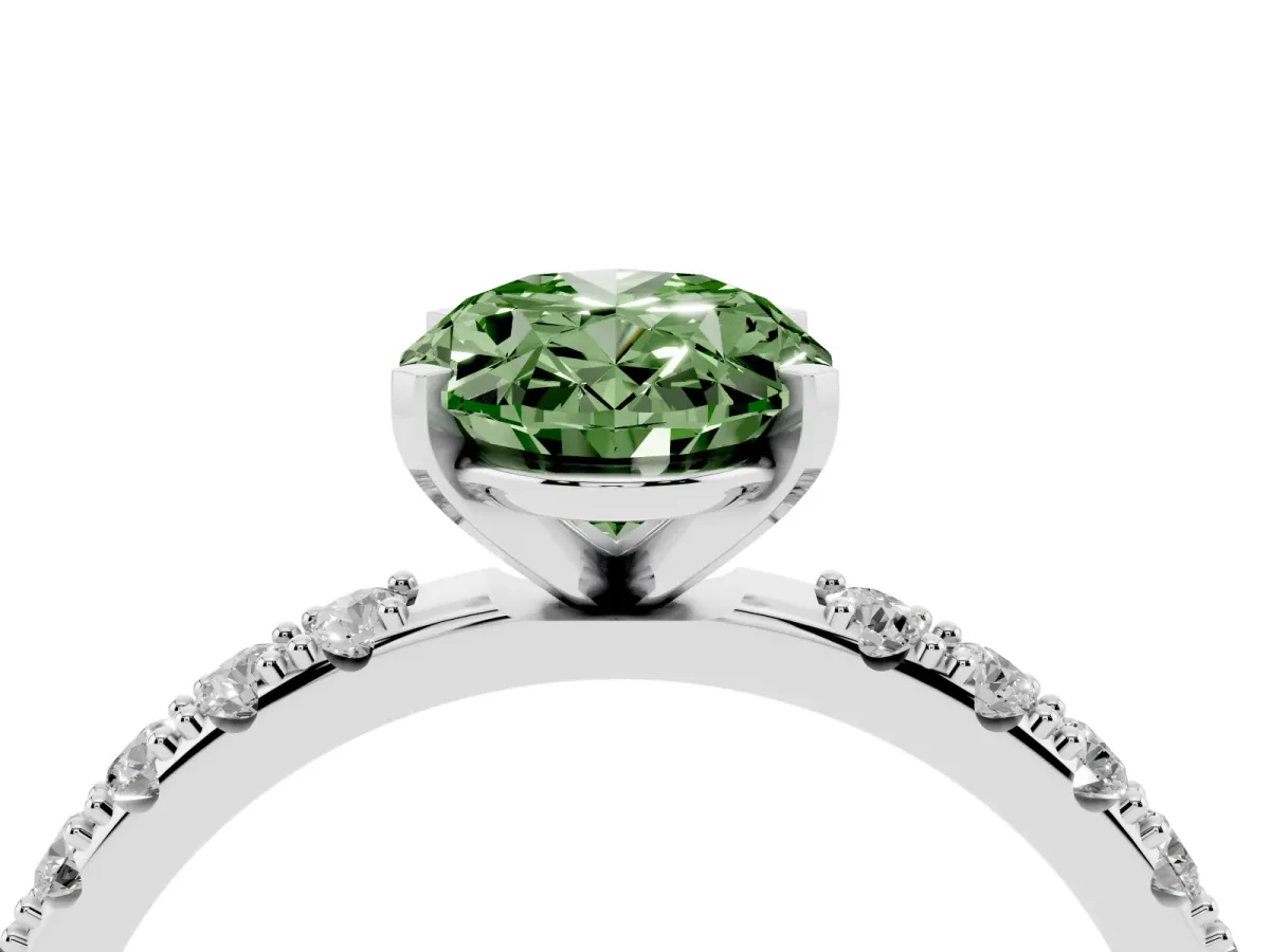 Fancy Green Oval Cut Diamond Solitaire Pavé Band with Four-Prong Setting Silver