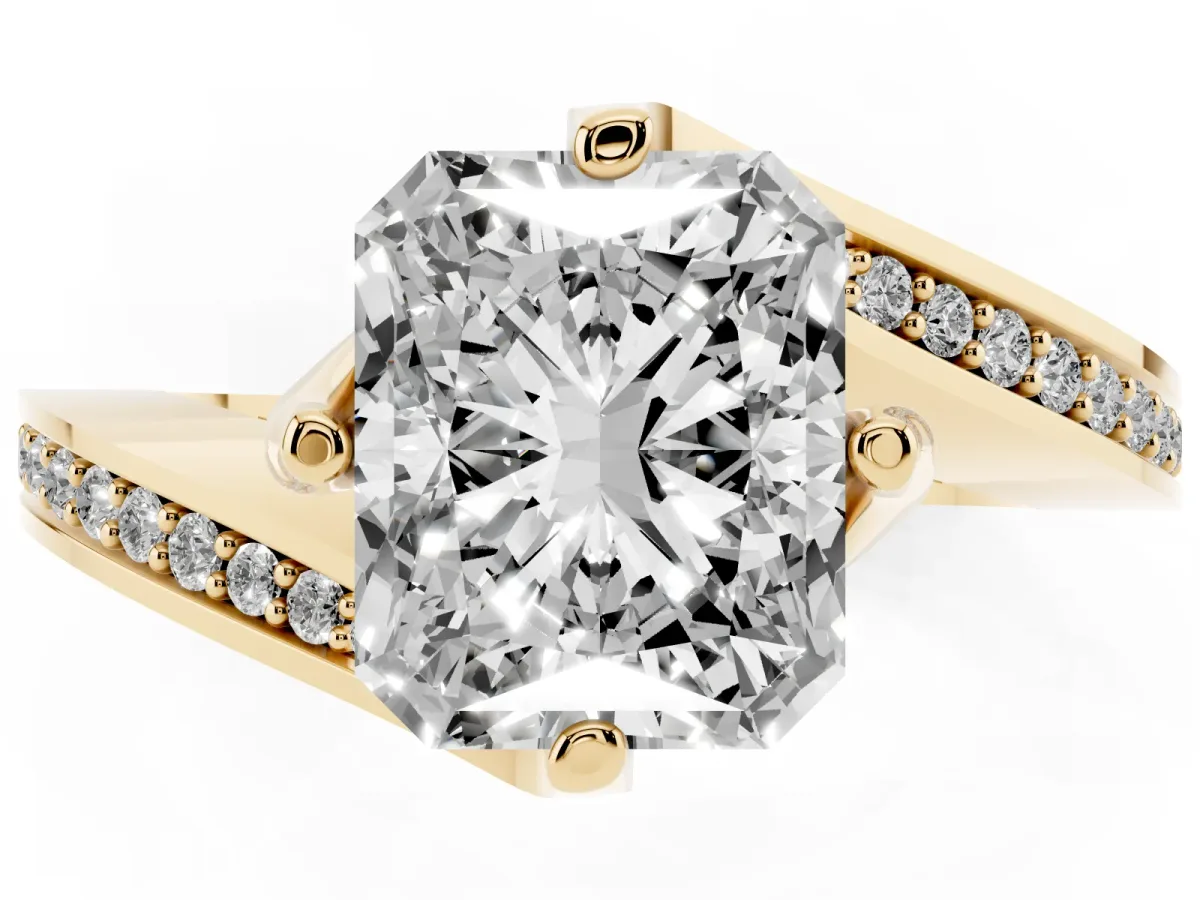 Radiant Cut Solitaire Diamond Twist Band with Pavé Setting and Four-Prong Setting Yellow gold