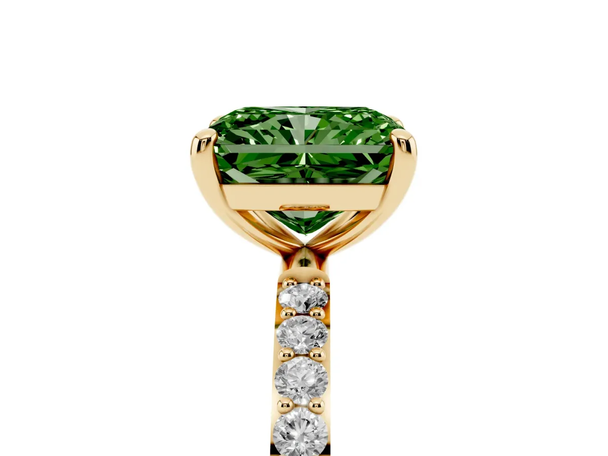 Fancy Green Radiant Cut Diamond Solitaire Ring with Round Pavé Band and Prong Setting Yellow gold