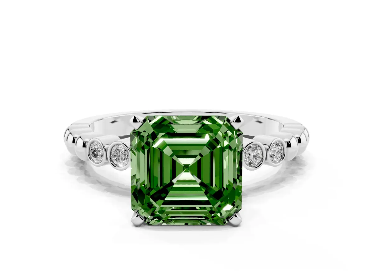 Fancy Green Asscher Cut Solitaire Bezel Accent Diamond Engagement Ring with Beaded Band and Four-Prong Setting Silver