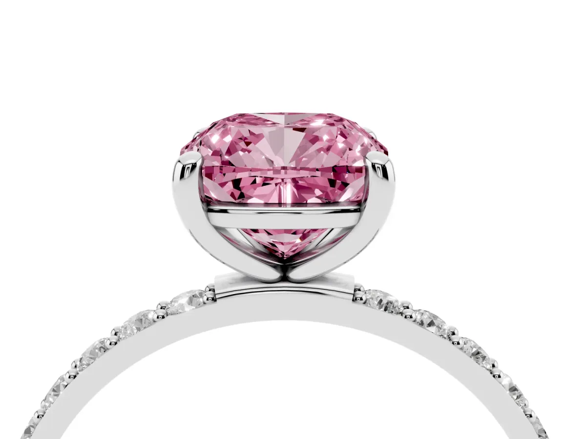 Fancy Pink Cushion Cut Diamond Solitaire Ring with Round Pavé Band and Prong Setting Silver