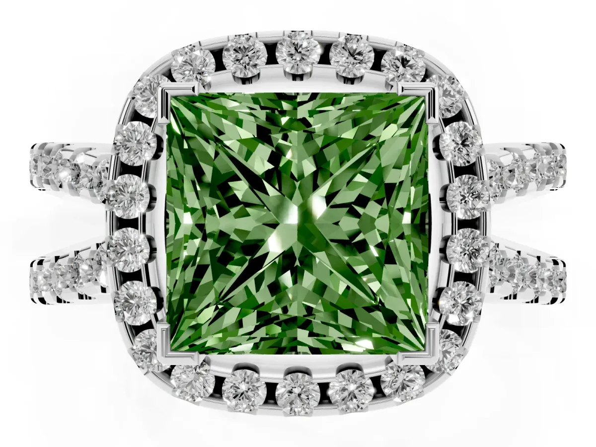 Fancy Green Princess Cut Diamond Halo Ring with Split Shank Pavé Band and Prong Setting Silver
