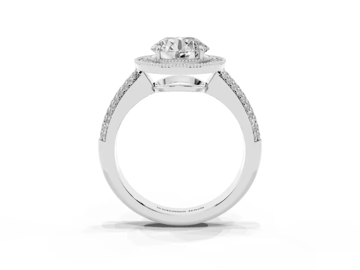 Round Cut Cut Halo Diamond Pave Band with Four-Prong Setting Silver