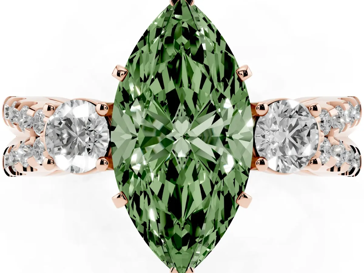 Fancy Green Marquise Cut Diamond Three-Stone Ring with Pavé Split Shank and Four-Prong Setting Rose gold