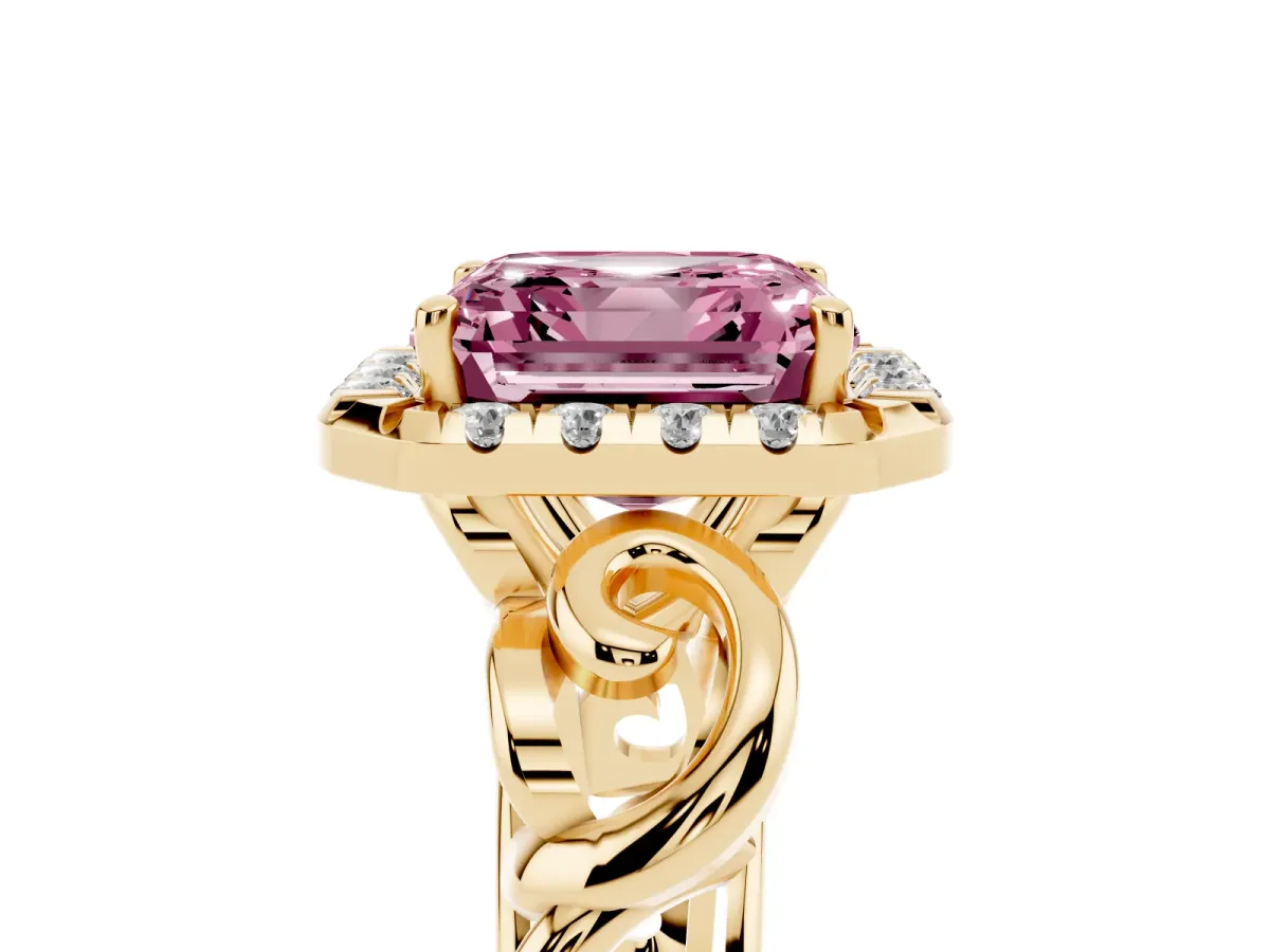 Fancy Pink Asscher Cut Cut Halo Diamond Ring with Scrollwork Band and Four-Prong Setting Yellow gold