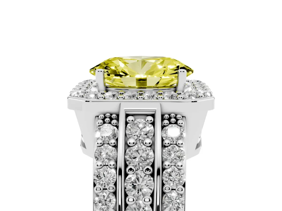 Fancy Yellow Oval Cut Halo Diamond Ring with Round Split Shank and Prong Setting Silver