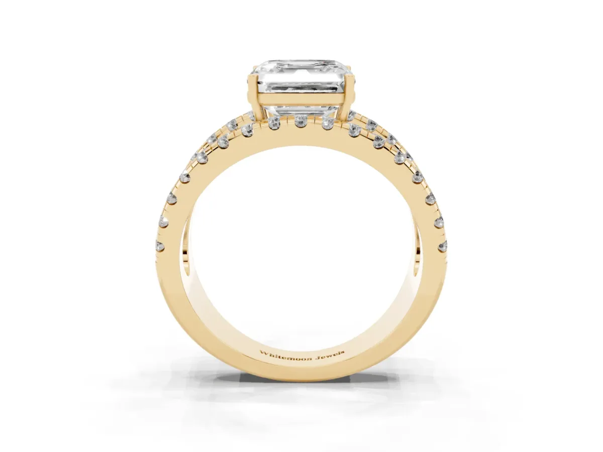 Asscher Cut Solitaire Split Shank Pave Diamond Ring Yellow gold