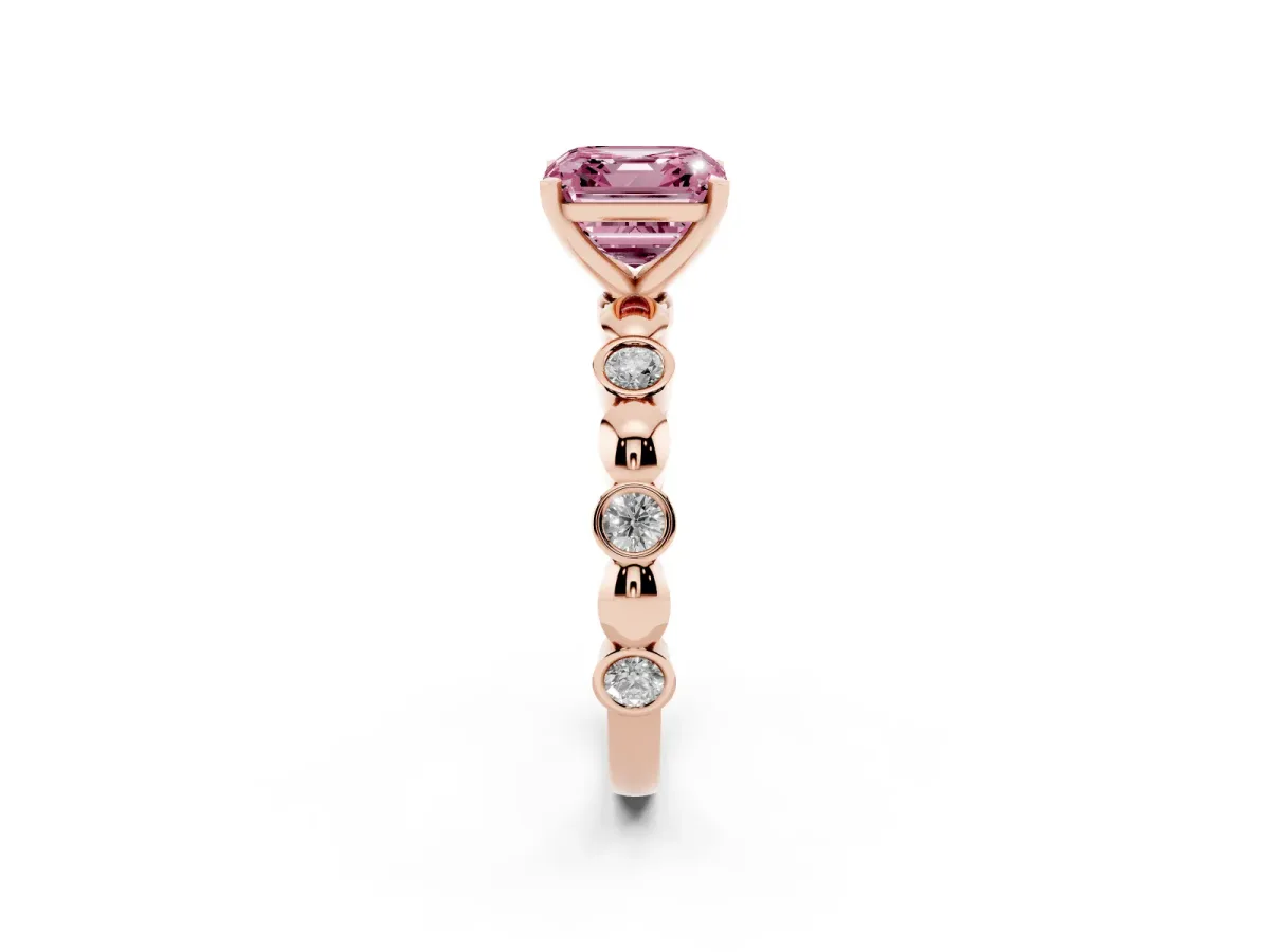 Fancy Pink Asscher Cut Solitaire Bezel-Set Diamond Ring with Beaded Band and Four-Prong Setting Rose gold
