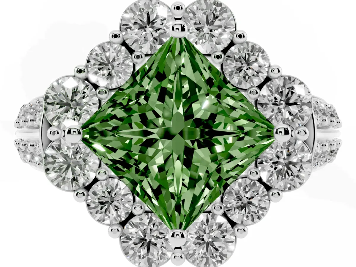 Fancy Green Princess Cut Halo Diamond Engagement Ring with Split Shank and Prong Setting Silver