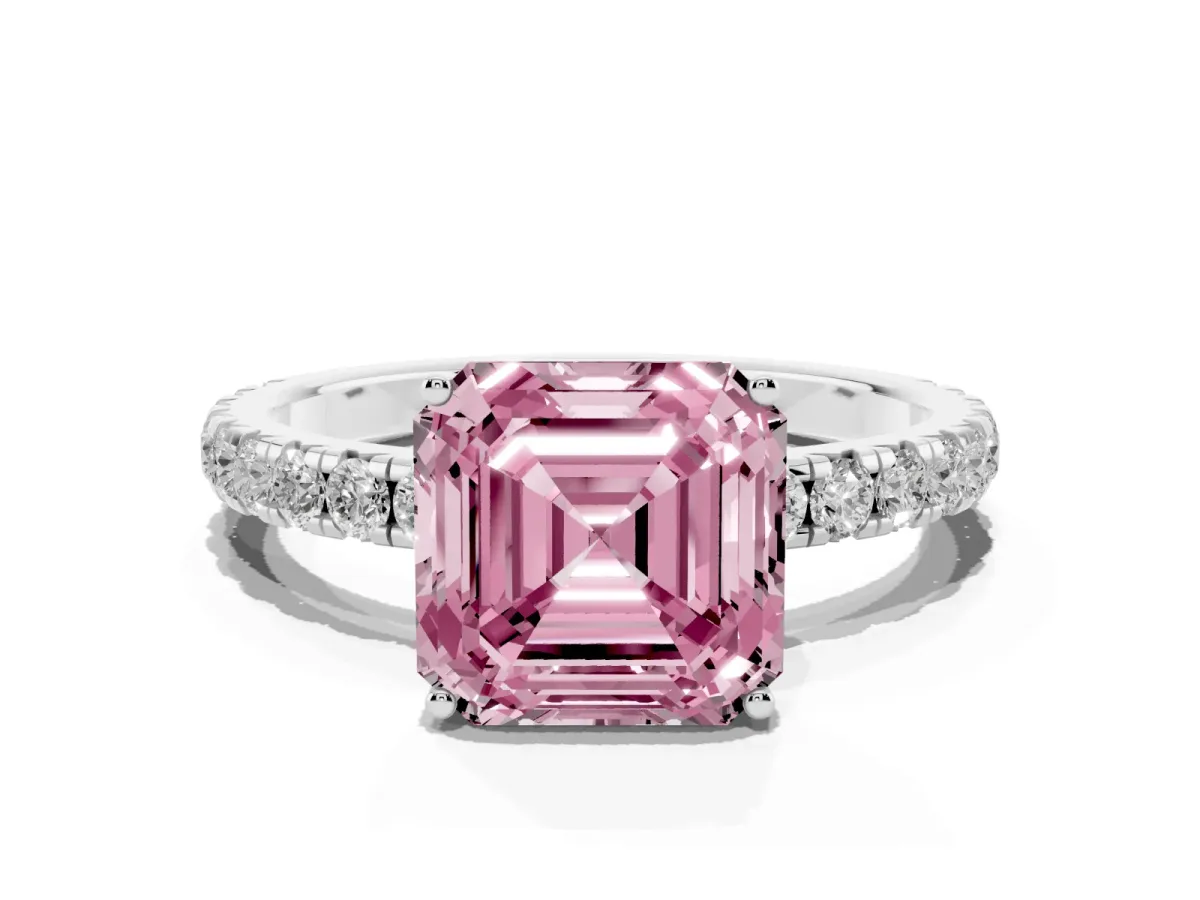 Fancy Pink Asscher Cut Diamond Pavé Solitaire Engagement Ring with Four-Prong Setting Silver