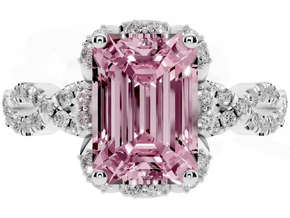 Fancy Pink Emerald Cut Halo Twist Band Solitaire Ring with Six-Prong Setting Silver