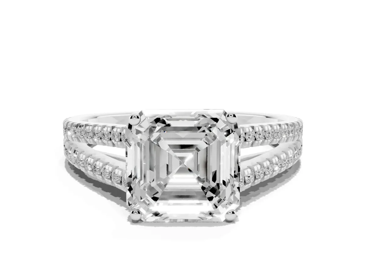 Asscher Cut Diamond Solitaire Engagement Ring with Split Shank Pavé Band Platinum