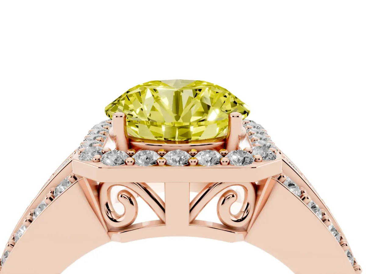 Fancy Yellow Round Cut Halo Diamond Ring with Round Split Shank and Prong Setting Rose gold